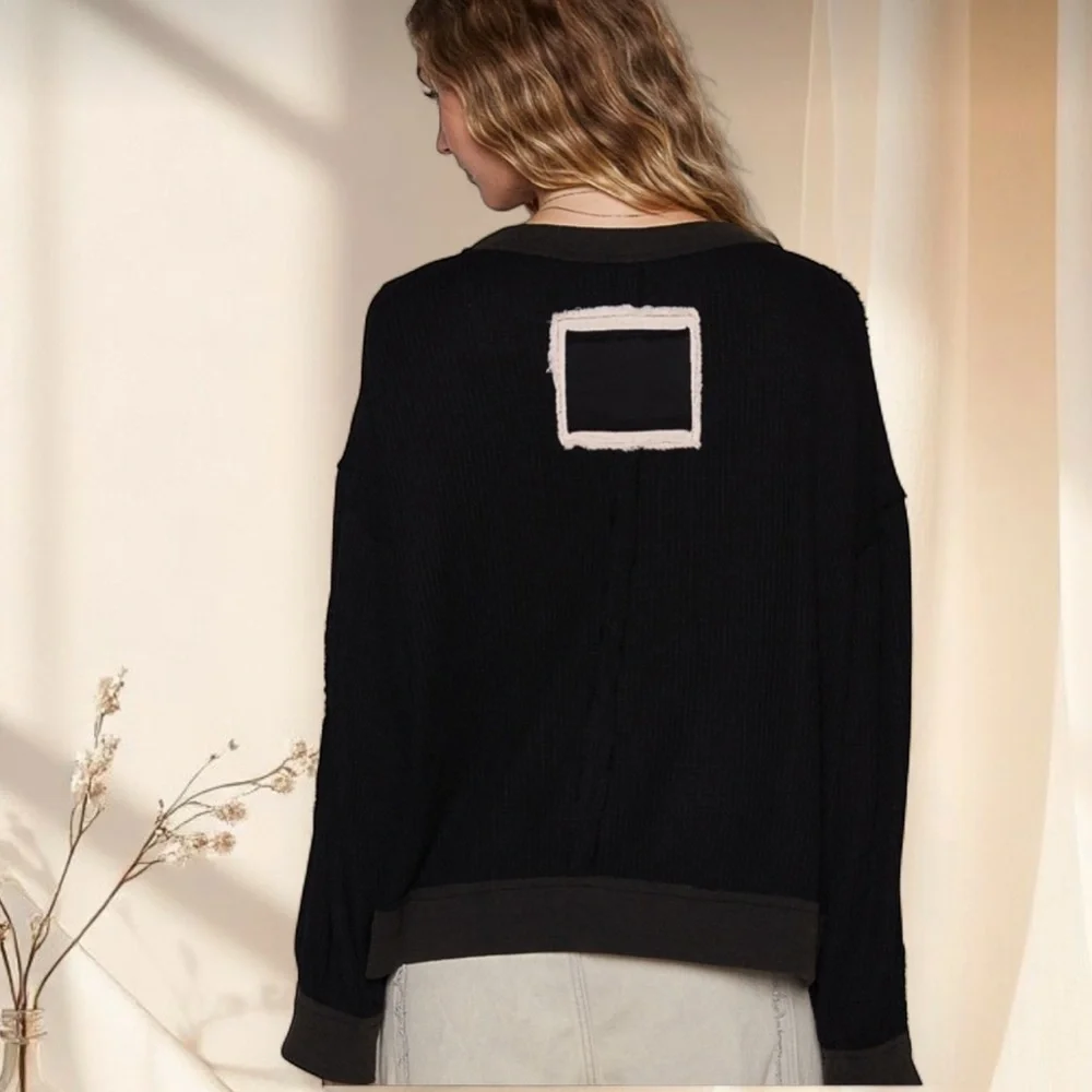 POL Black Boho Peace Sign Patch Sweater | Relaxed Fit Patchwork Top - Picture 4 of 7